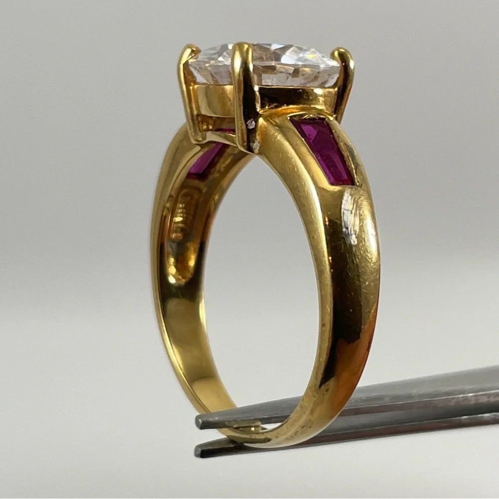 Stunning Red Ruby White Round Cut CZ Gold Plated Ring Bling Statement Sz 9